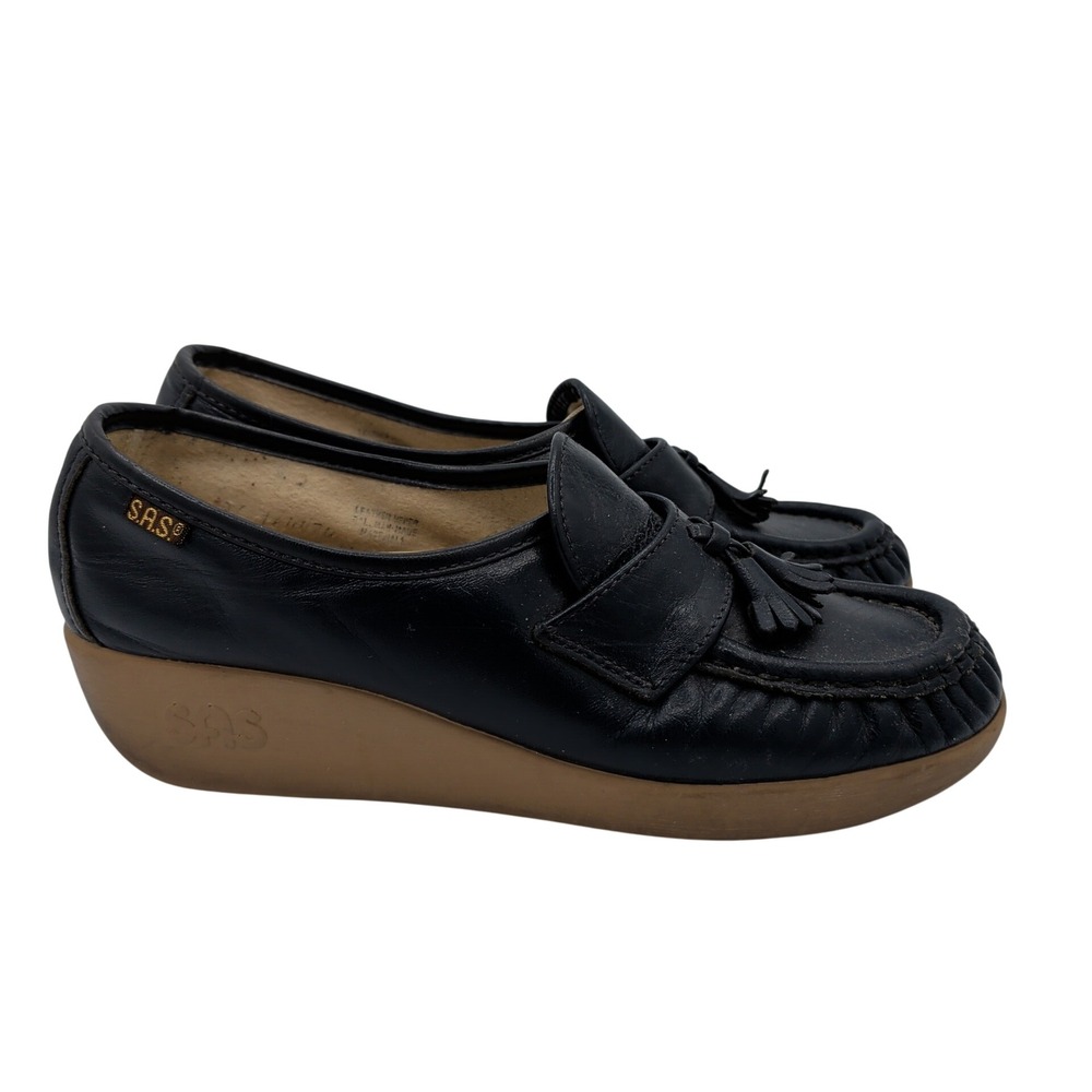 SAS‎ Magic Comfort Black Leather Tassel Loafer Wedge Shoes Womens 6N Made in USA